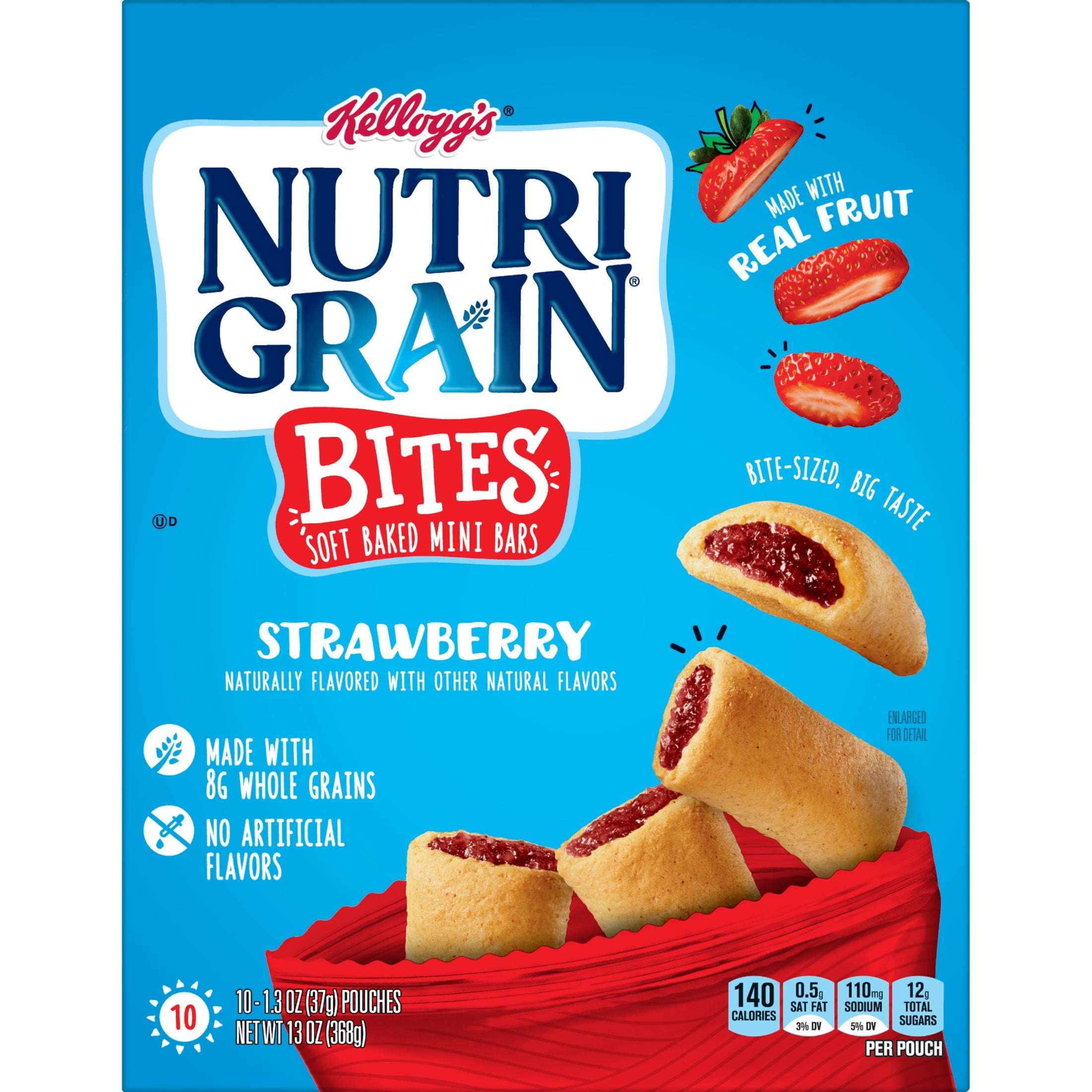 Nutri-Grain Bites Soft Baked Mini Bars, Kids Snacks, Whole Grain, Strawberry, 13oz Box (10 Pouches)