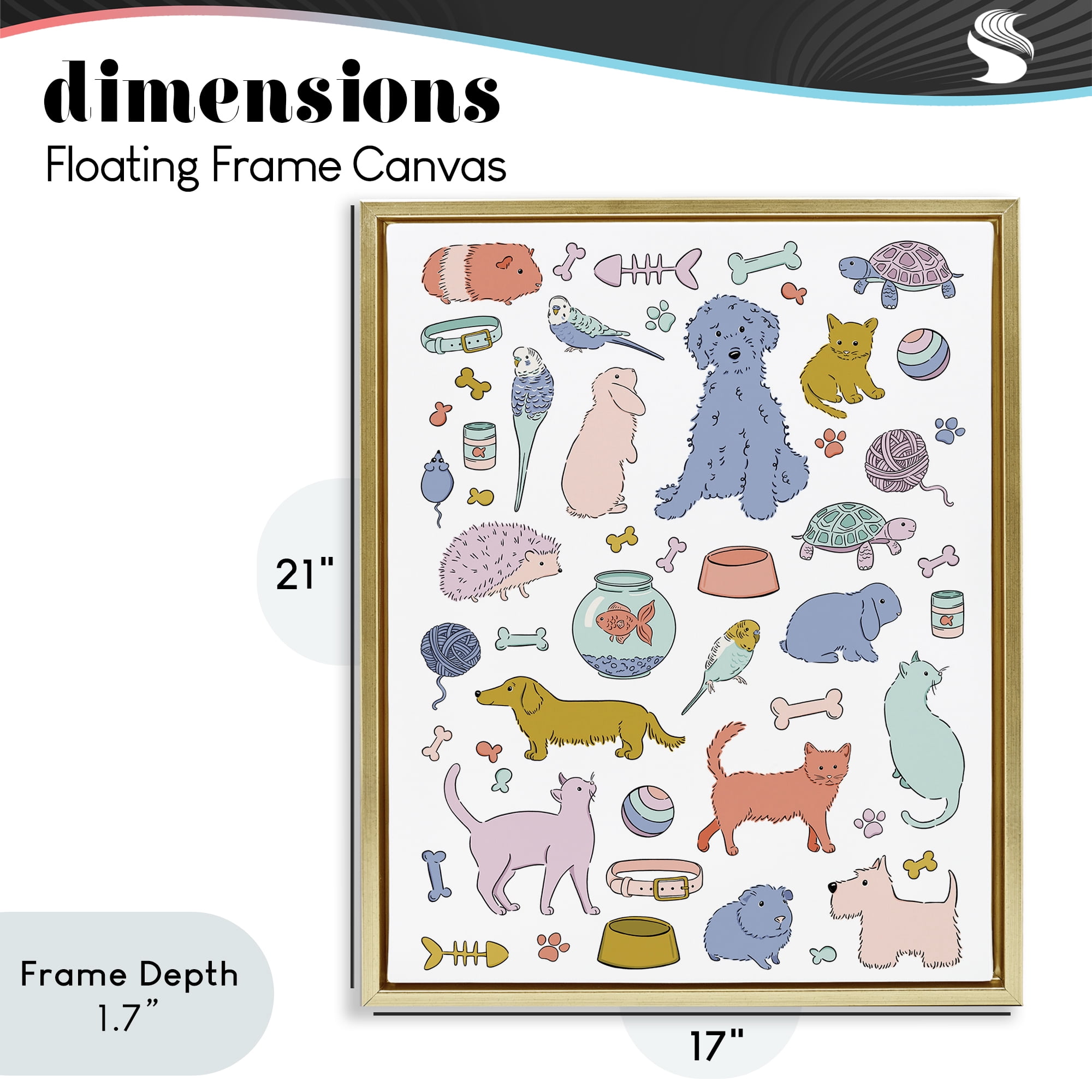 Stupell Industries Pet Shop Menagerie Gold Framed Floater Canvas Wall Art, design by Bethany Sandoval