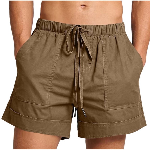 USNSM Men's Linen Shorts Summer Loose Fit Bermuda Shorts with Pockets Casual Drawstring Elastic Waist Vacation Beach Shorts Brown L