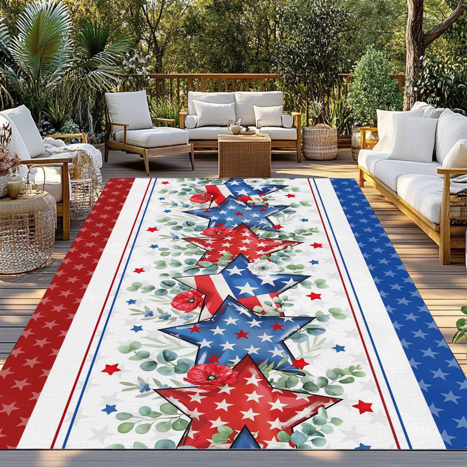 Outdoor Rug 6x9 ft Red White Blue Patriotic Stars Waterproof Outdoor Patio Rug Mat Non Slip Outside Area Rugs Carpet for RV,Camping,Porch,Deck,Pool,Balconybackyard,Eucalyptus Leaves Poppy
