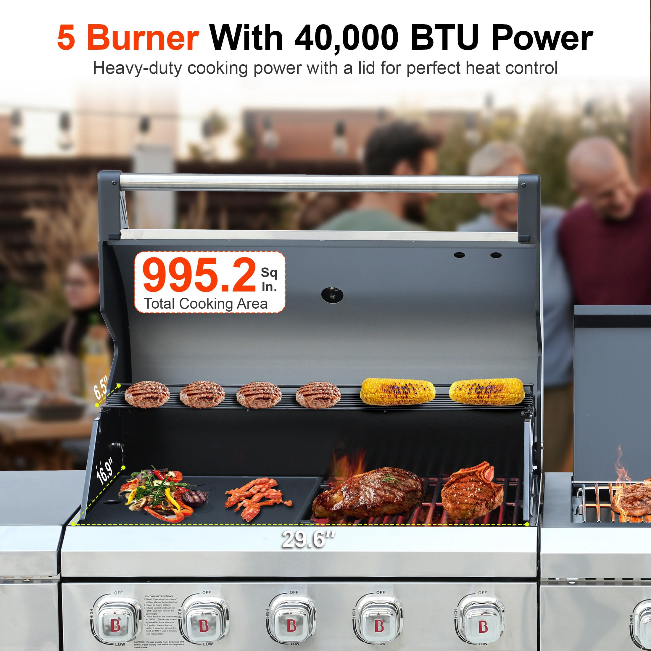 Brand-Man Outdoor Modular Island Kitchen Grill Gas Grill, 76,000 BTU 5 Burner Stainless Steel Burner and 2 Infrared Side Stove with Sink Station
