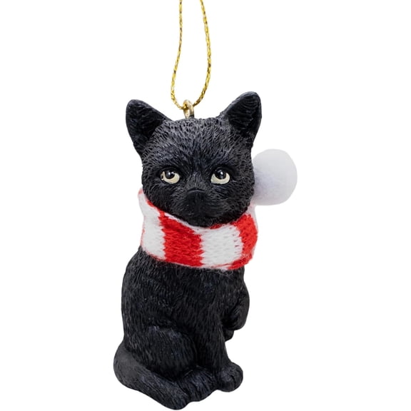 Black Longhair Tabby Kitty Cat Christmas Tree Large Ornament with Candy Cane Scarf