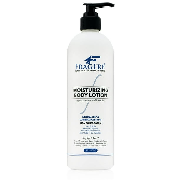 FRAGFRE Hidratante para piel sensible 16oz: Loción de óxido de zinc no comedogénica - Sin parabenos Hipoalergénico Sin fragancia - Protección solar para pieles grasas y mixtas - Aceite de argán vegano