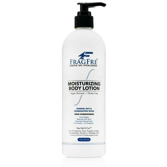FRAGFRE Hidratante para piel sensible 16oz: Loción de óxido de zinc no comedogénica - Sin parabenos Hipoalergénico Sin fragancia - Protección solar para pieles grasas y mixtas - Aceite de argán vegano