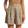 thumbnail image 2 of Pounoo Women's Shorts High Waist Linen-Like Pleated Straight Leg Shorts Retro Elegant Style Breathable Comfortable Loose-Fit Bottoms Gift, 2 of 9