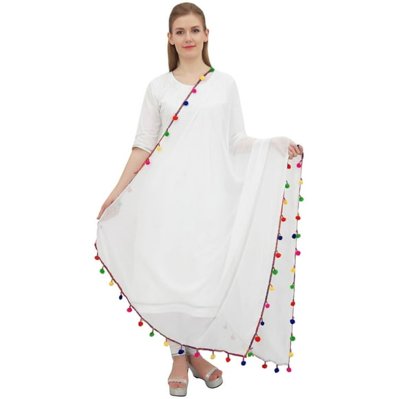 Women's Designer Chiffon Dupatta Ethnic Chunni Wrap Long Stole-White