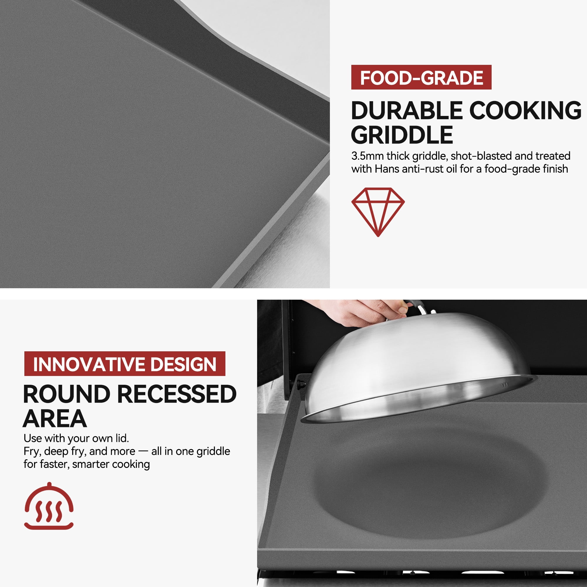 Royal Gourmet GB4008A 4-Burner Gas Griddle with Folding Stainless Steel Side Shelves, Silver & Black