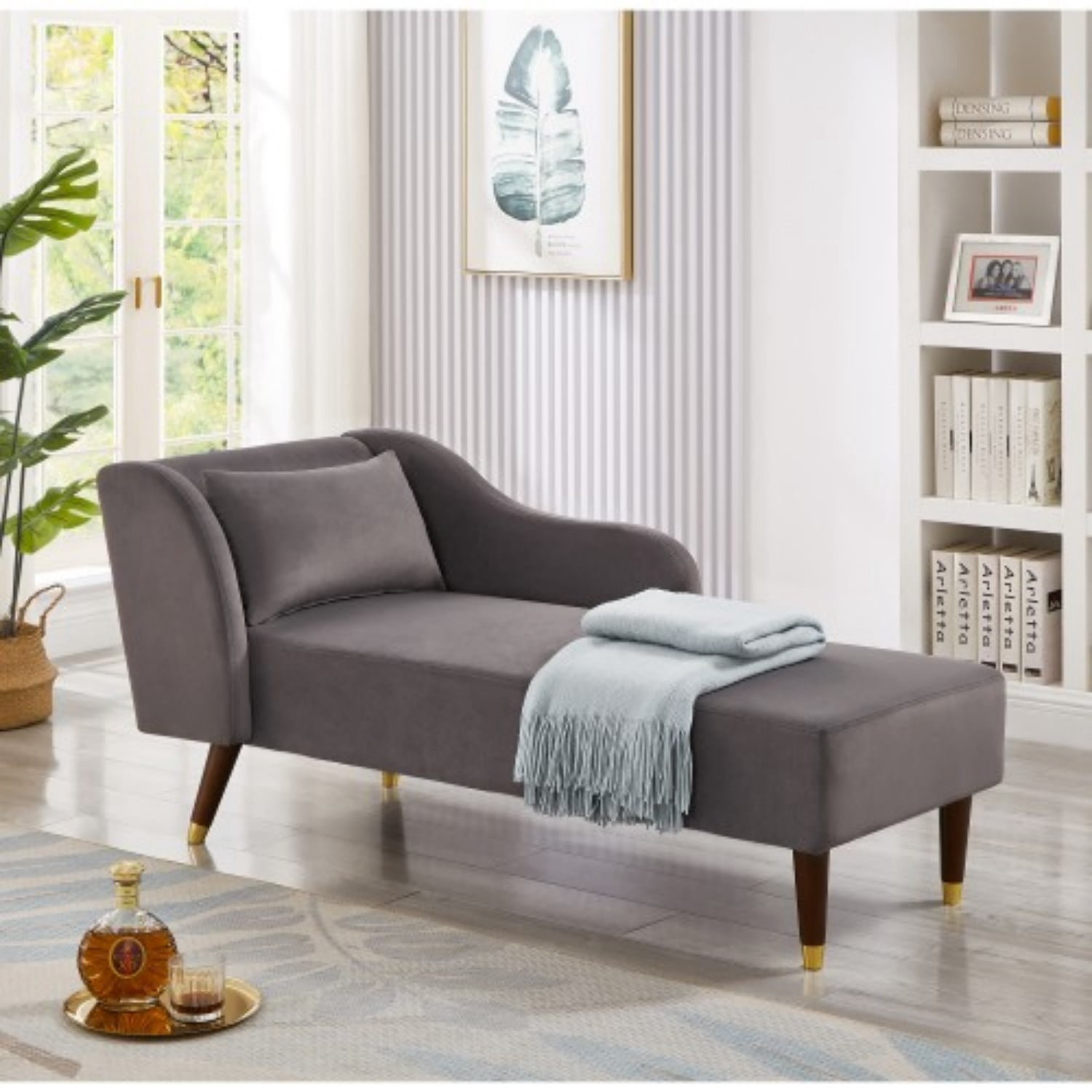 Velvet Chaise Lounge Chair, Modern Upholstered Accent Sofa with Curved Armrests, Solid Wood Legs & Pillow, Luxury Lounge Chair for Living Room, Bedroom, Reading Nook, Grey