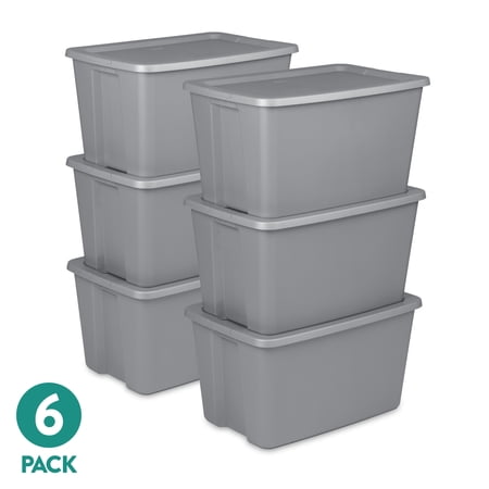Sterilite Extra Large Storage Bin 30 Gallon Durable Plastic Storage Tote with Snap-On Lid Gray 6 Pack