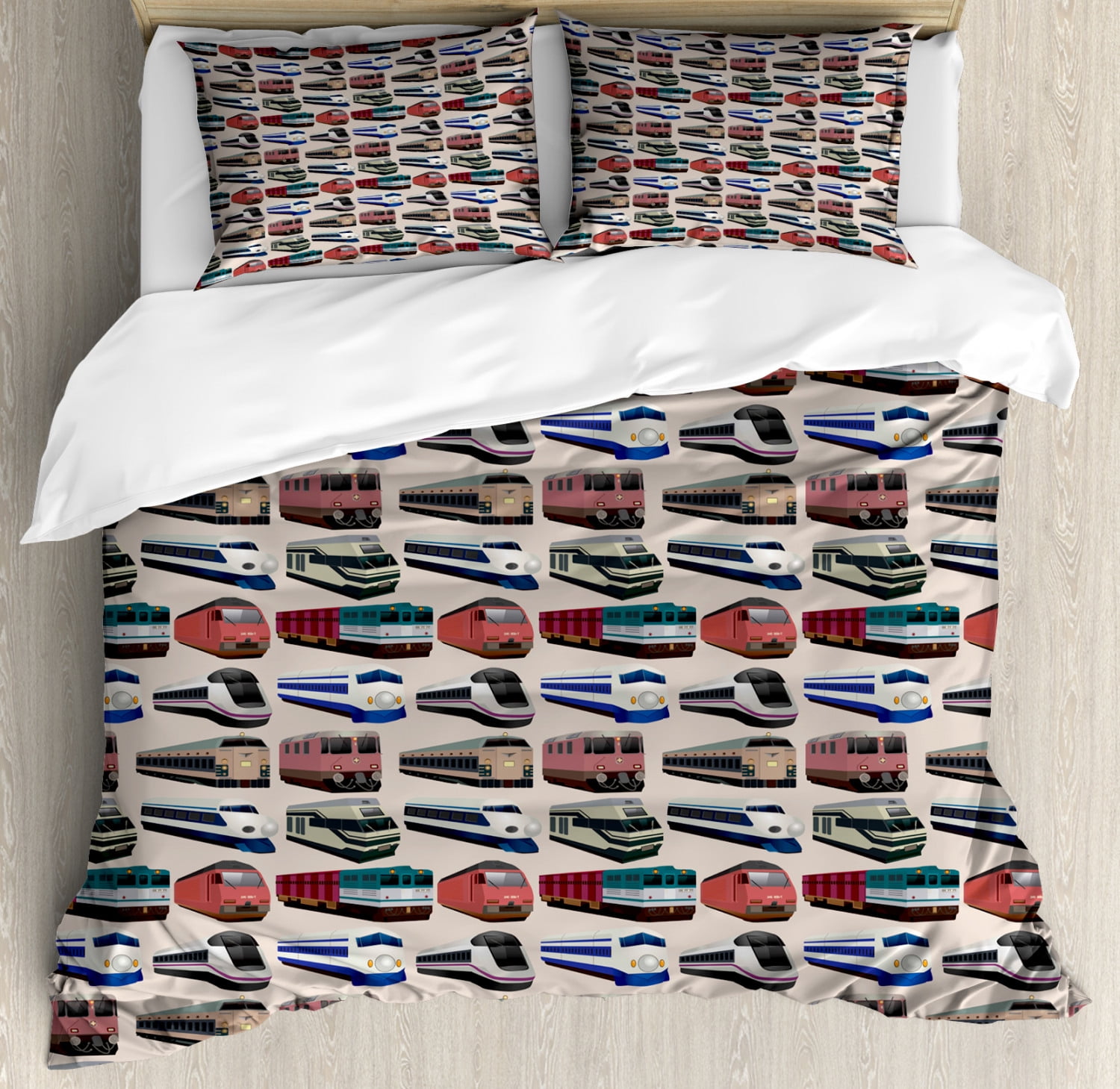 Train Duvet Cover Set, Continuous Pattern with Various Types of Trains Industrial Themed Image
