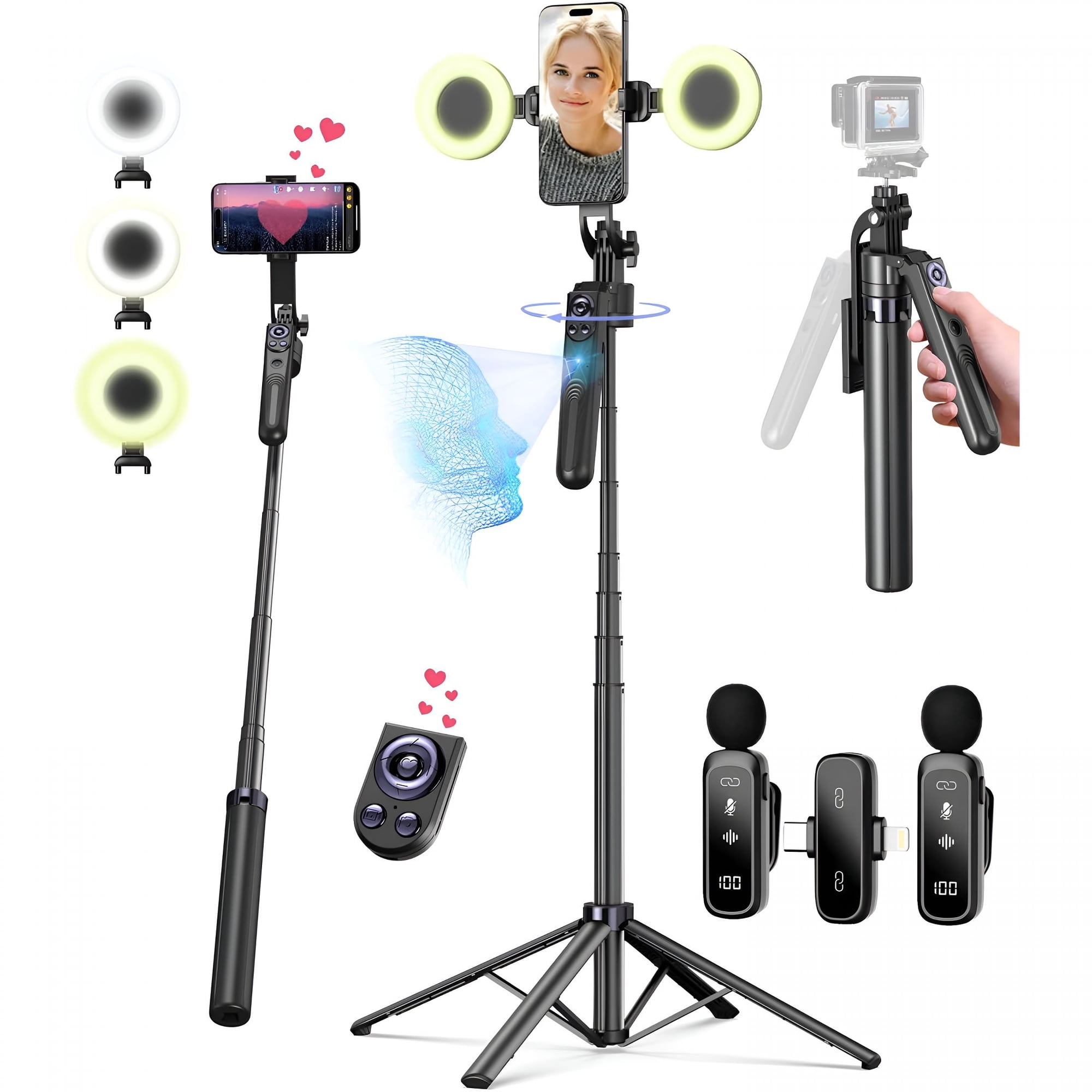 GJX Content Creator Starter Kit, 70" Auto Face Tracking Tripod 360 Rotation, Wireless Microphones, LED Light, Selfie Stick