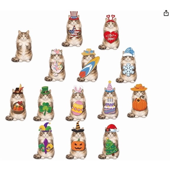 Wooden Cat With Interchangeable Hats And Accessories, Seasonal Tabletop Decor For Tiered Tray, Diy Animal Sign For Home And Office,White - 25Cm