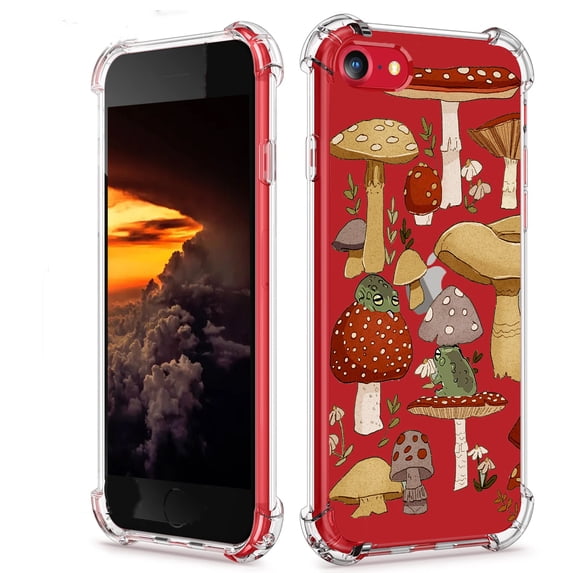 Frog And Mushroom Clear Case for iPhone 7/8/SE,Aesthetic Art Design Case for Men Women,Unique Soft Transparent TPU Bumper Case Cover