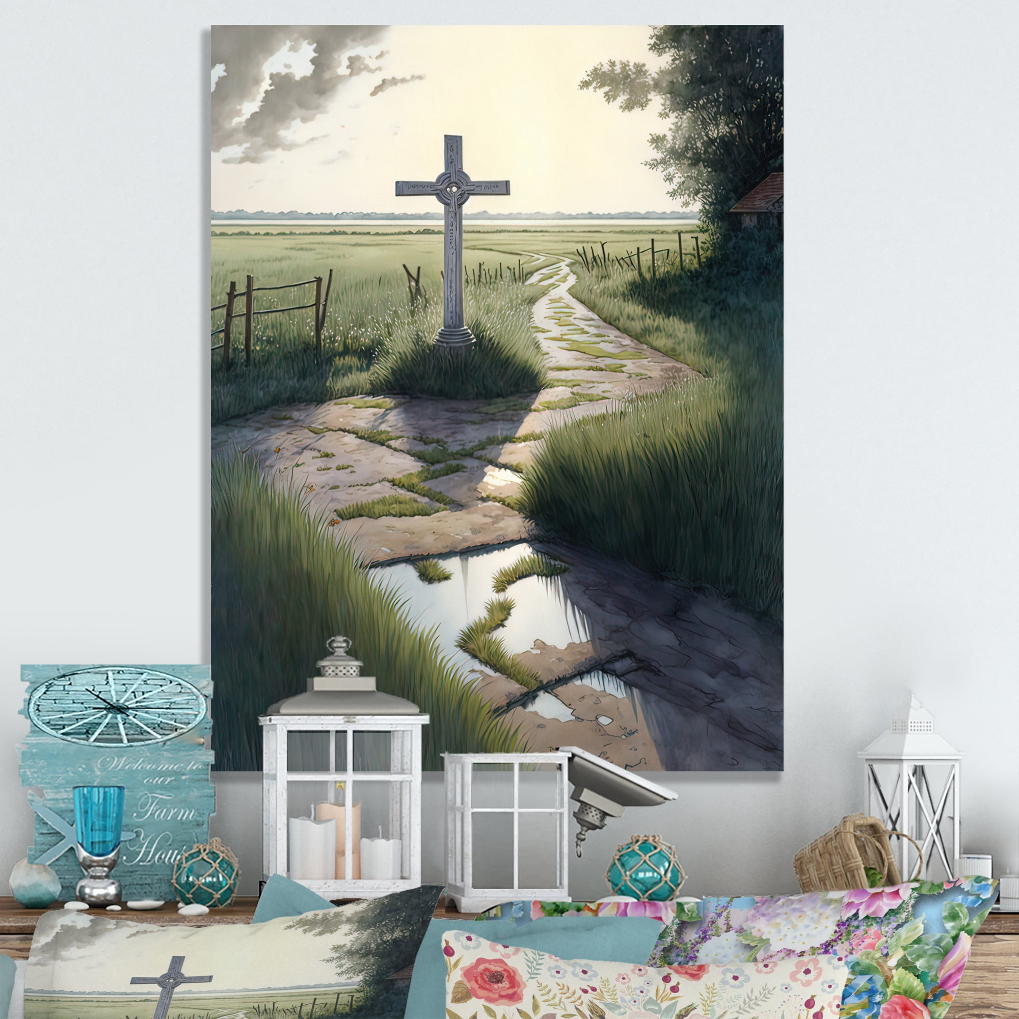 Designart Cross Status On Winding Path V Canvas Wall Art