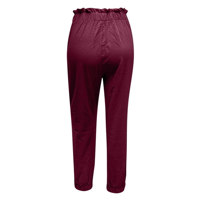 Clearance RYRJJ Womens Casual Loose Cotton Linen Pants Comfy Work Trousers  with Pockets Ruffle Elastic High Waist Tapered Pants(Wine,L)