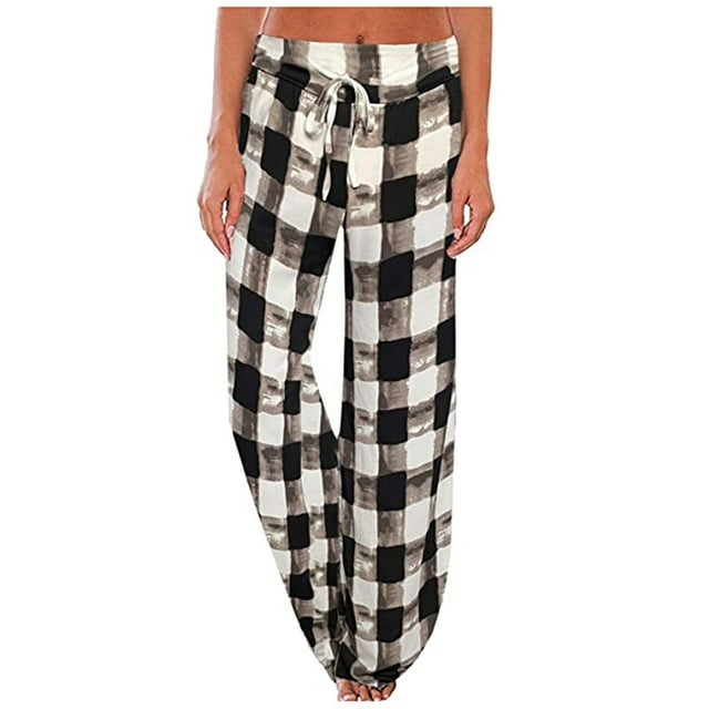 Women's Comfy Stretch Plaid Lounge Pants Wide Leg Casual Drawstring Pajamas