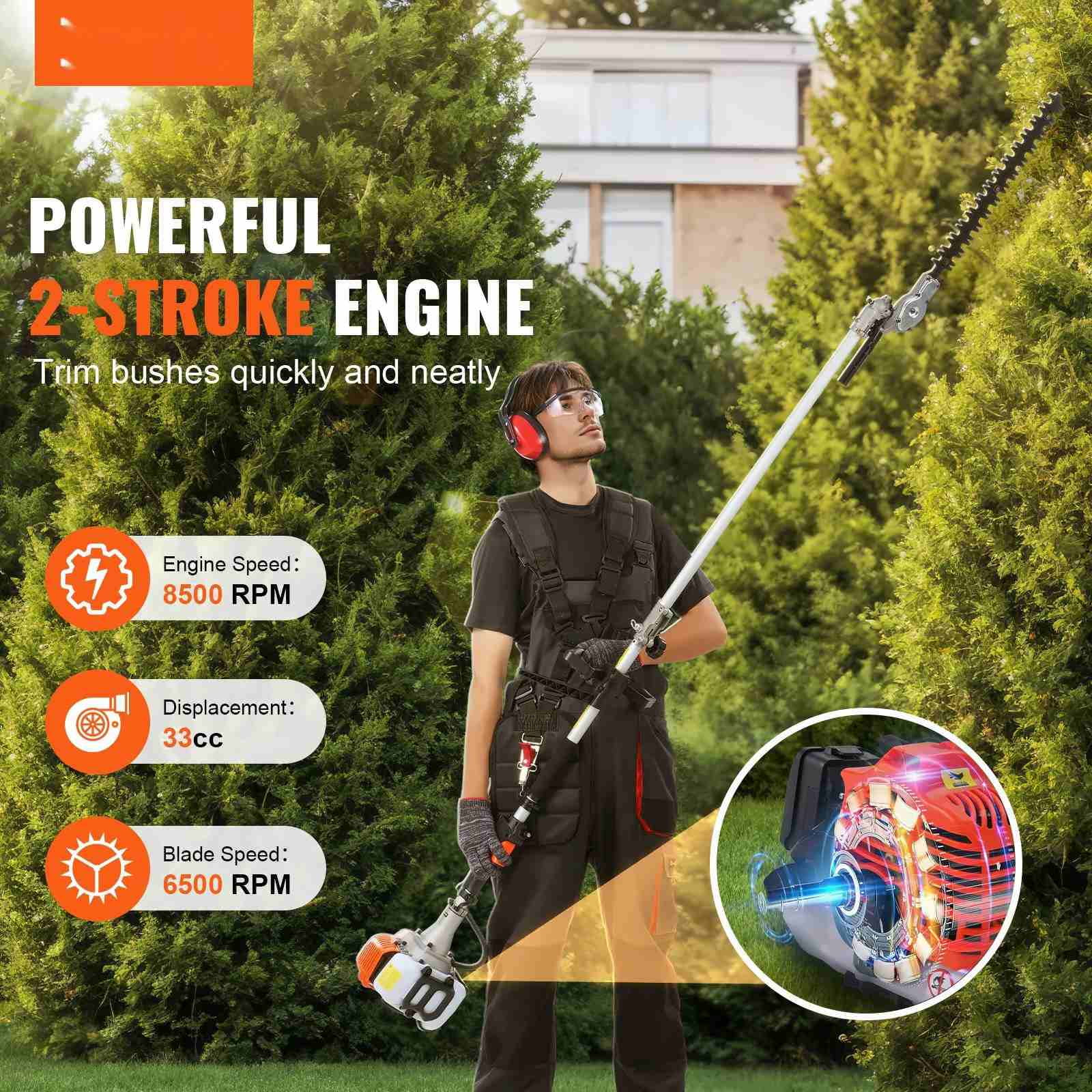 Gas Hedge Trimmer 33CC 6-in-1 Multi-Tool - Weed Eater, Pruner, Pole Saw, Brush Cutter w/Attachments