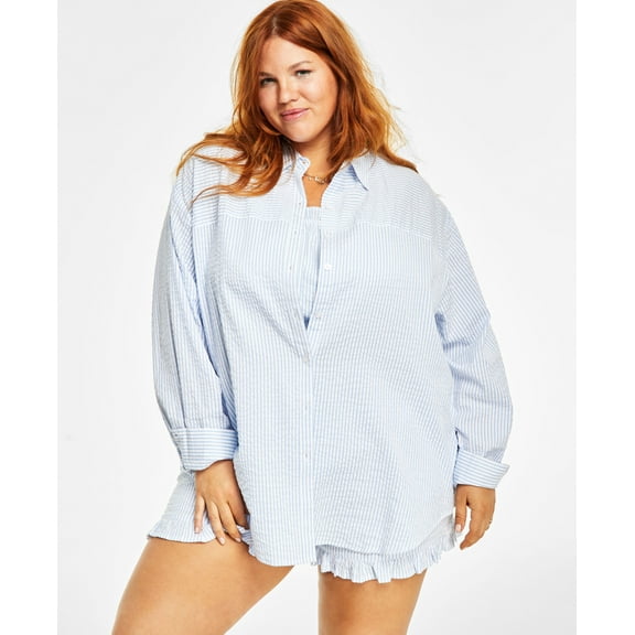 Now This Trendy Plus Size Cotton Oversized Shirt Bluewhite Stripe 1X