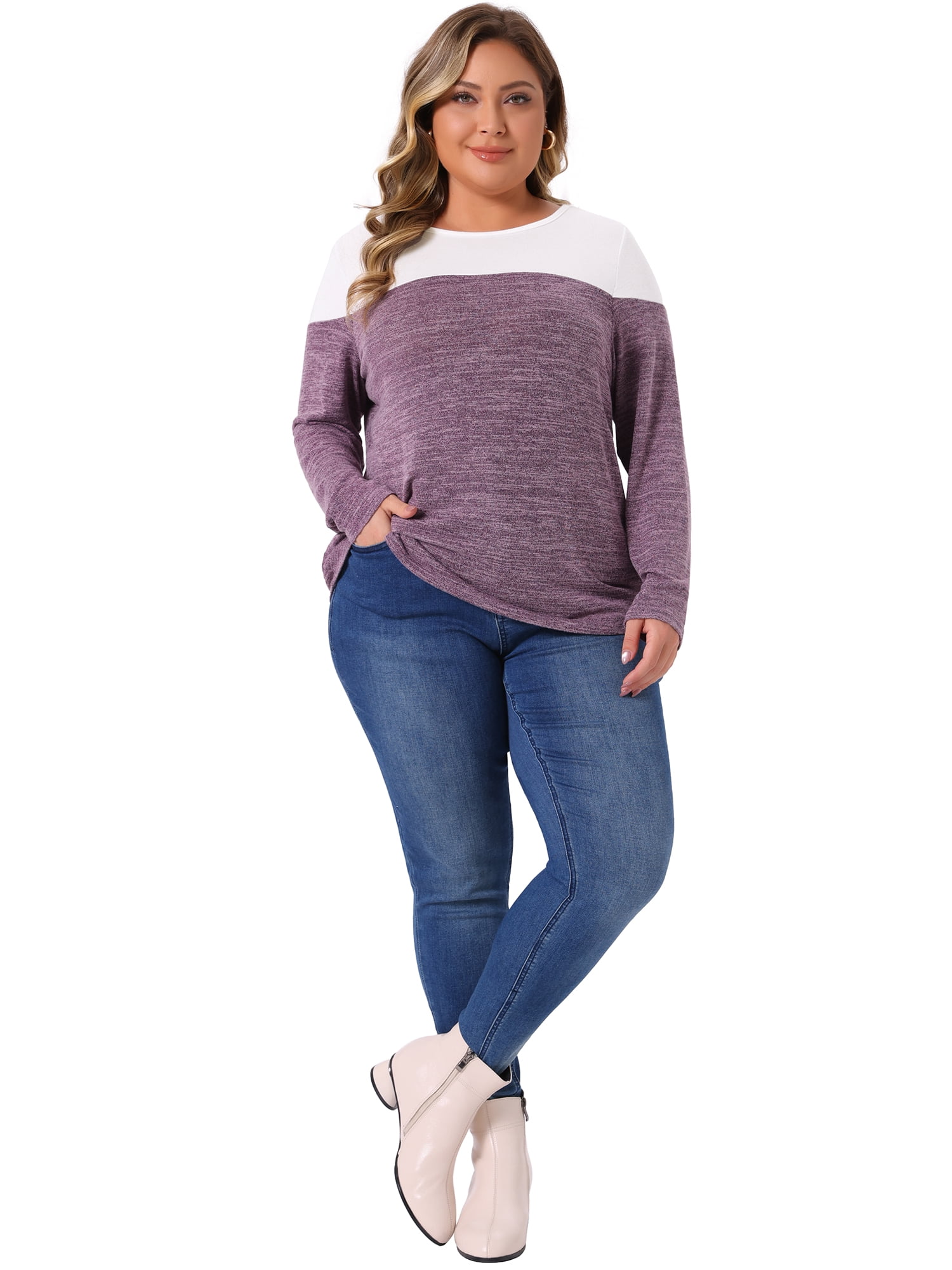 DARING DIVA Women's Plus Size Color Block Long Sleeve Crew Neck Knitted Blouse 1X Purple