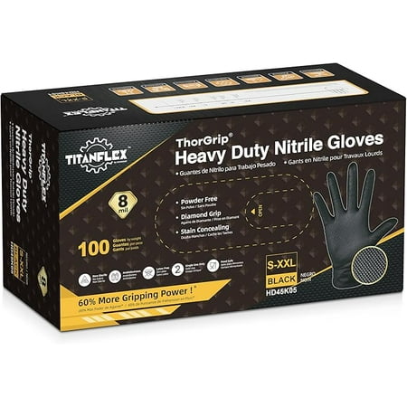 TitanFlex ThorGrip Heavy Duty Black Industrial Nitrile Gloves, 8-mil, XL, Box of 100, Latex Free, Raised Diamond Texture, Powder Free, Food Safe, Rubber Gloves, Mechanic Gloves