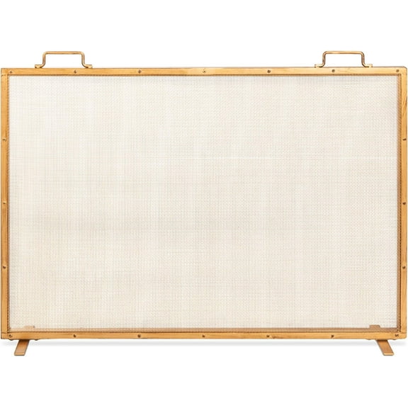 WYDK 38x27in Single Panel Fireplace Screen Handcrafted Steel Mesh Spark Guard for Living Room, Bedroom Décor w/Handles - Antique Gold