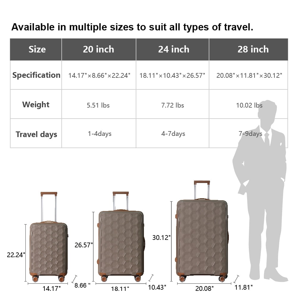 MAYEERTY 3-Piece Luggage Set, Lightweight Polypropylene Suitcases with TSA Lock & Spinner Wheels, Brown
