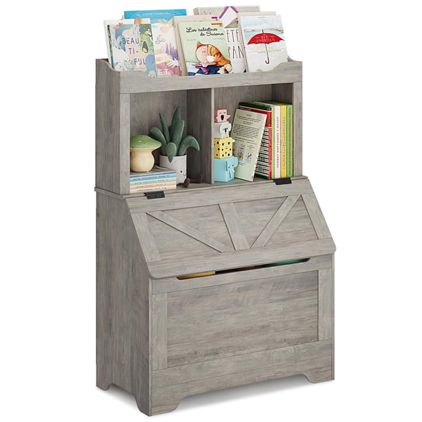493|children's de madera estante de libros con toy organizer: grande chest con lid, perfect para dormitorio o nursery, gris finish