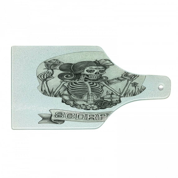 Zodiac Scorpio Cutting Board, Human Skeleton Sugar Skull Design Dead Woman with Flowers Vintage, Tempered Glass Cutting and Serving Board, Wine Bottle Shape, Beige Black White, by Ambesonne