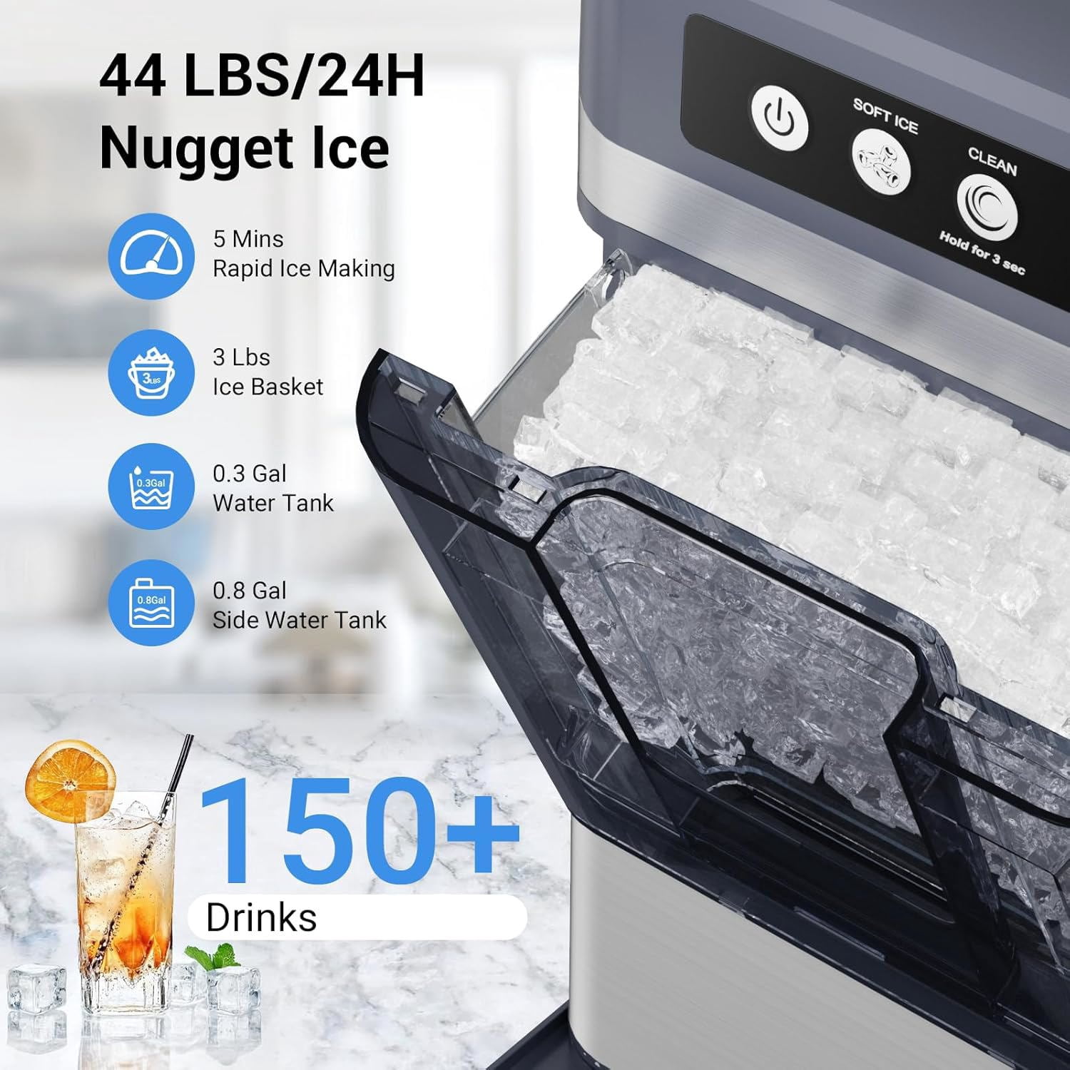 Nugget Ice Maker Countertop with 0.8Gal Removable Tank, 44Lbs/24H, One-Touch Fast Ice in 6 Mins, Self-Cleaning & Ultra Quiet for Home/Office/Party