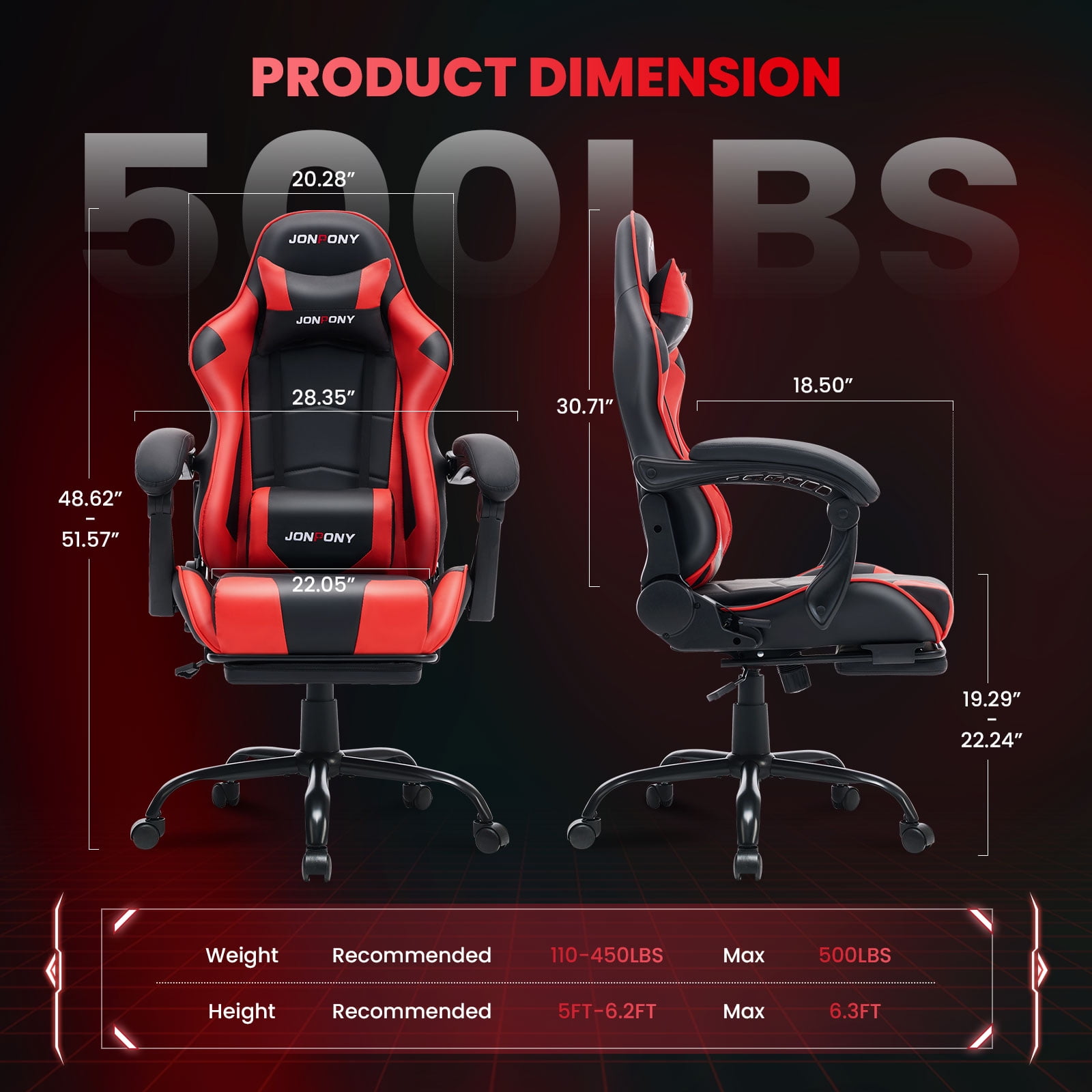JONPONY Big and Tall 500LBS Gaming Chair, Ergonomic Design, Gamer Chair PU Leather with Footrest and Lumbar Support, High Back Office Chair Support, Long Sitting Computer Chair, Red