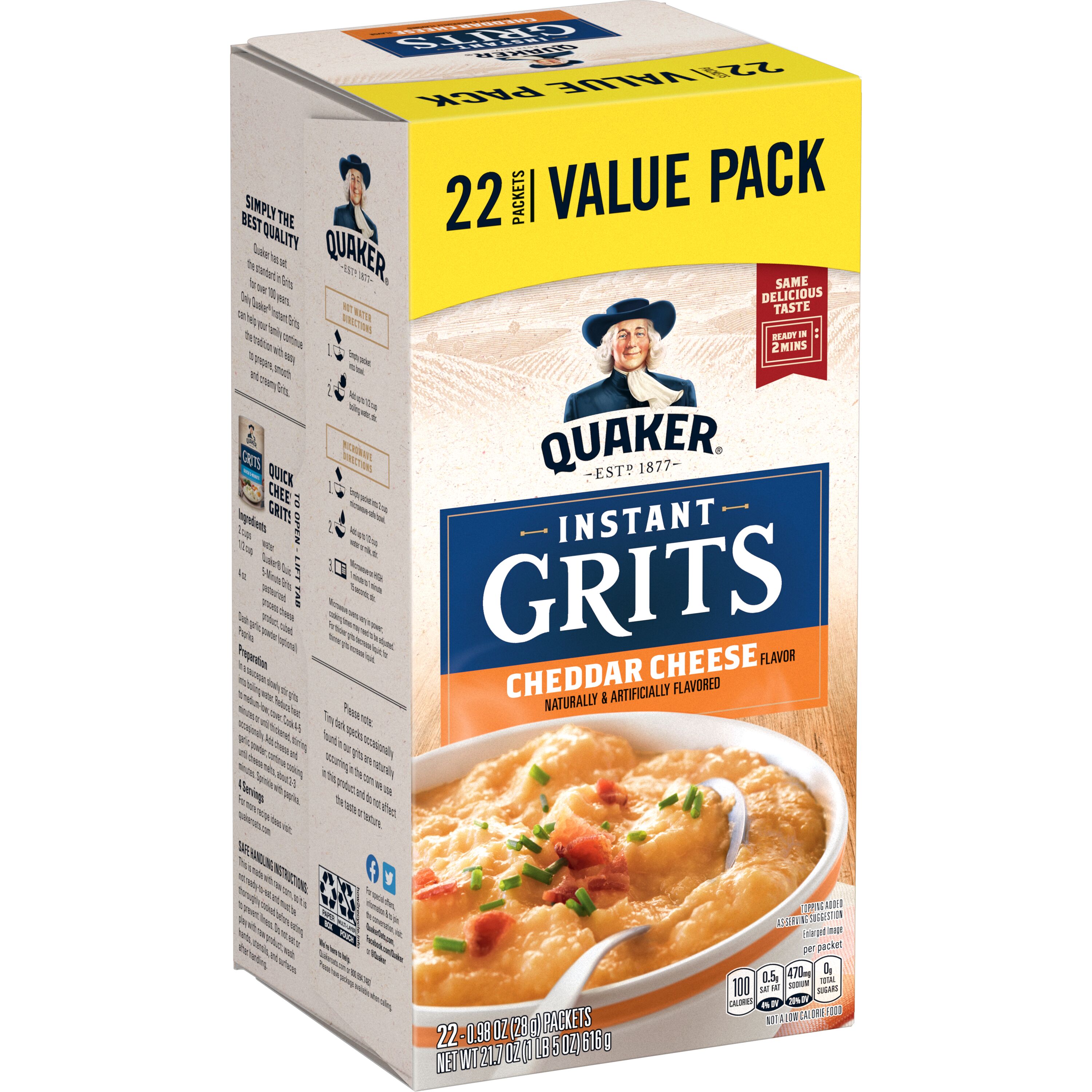 Quaker, Instant Grits, Cheddar Cheese, 0.99 oz, 22 Packets