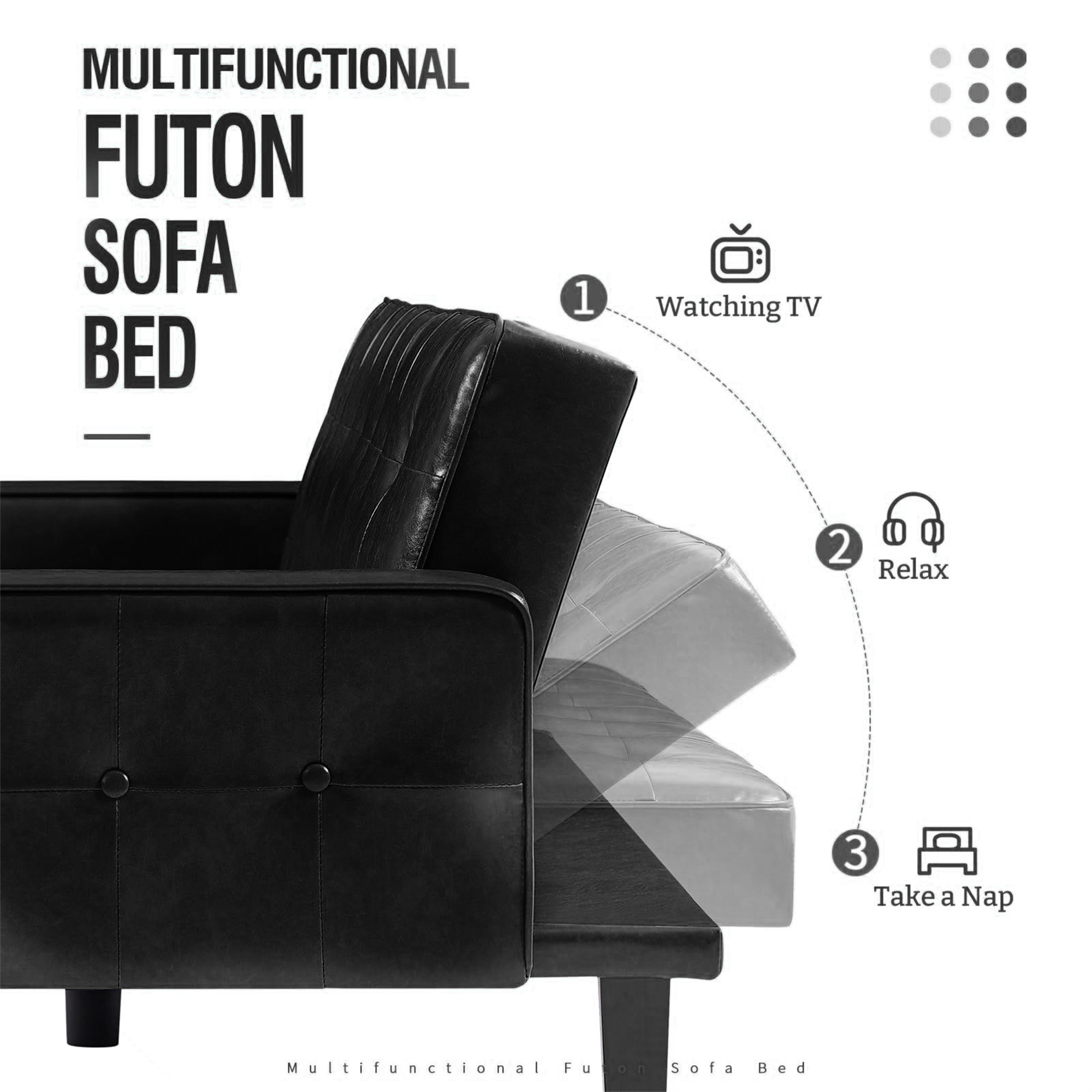 Aukfa 75" Button-Tufted Futon Convertible Sofa Bed for Home Office, Leather, Black