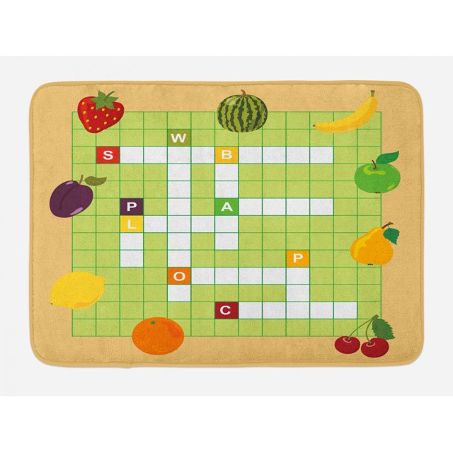 Word Search Puzzle Bath Mat, Vivid Graphic Summer Fruits with