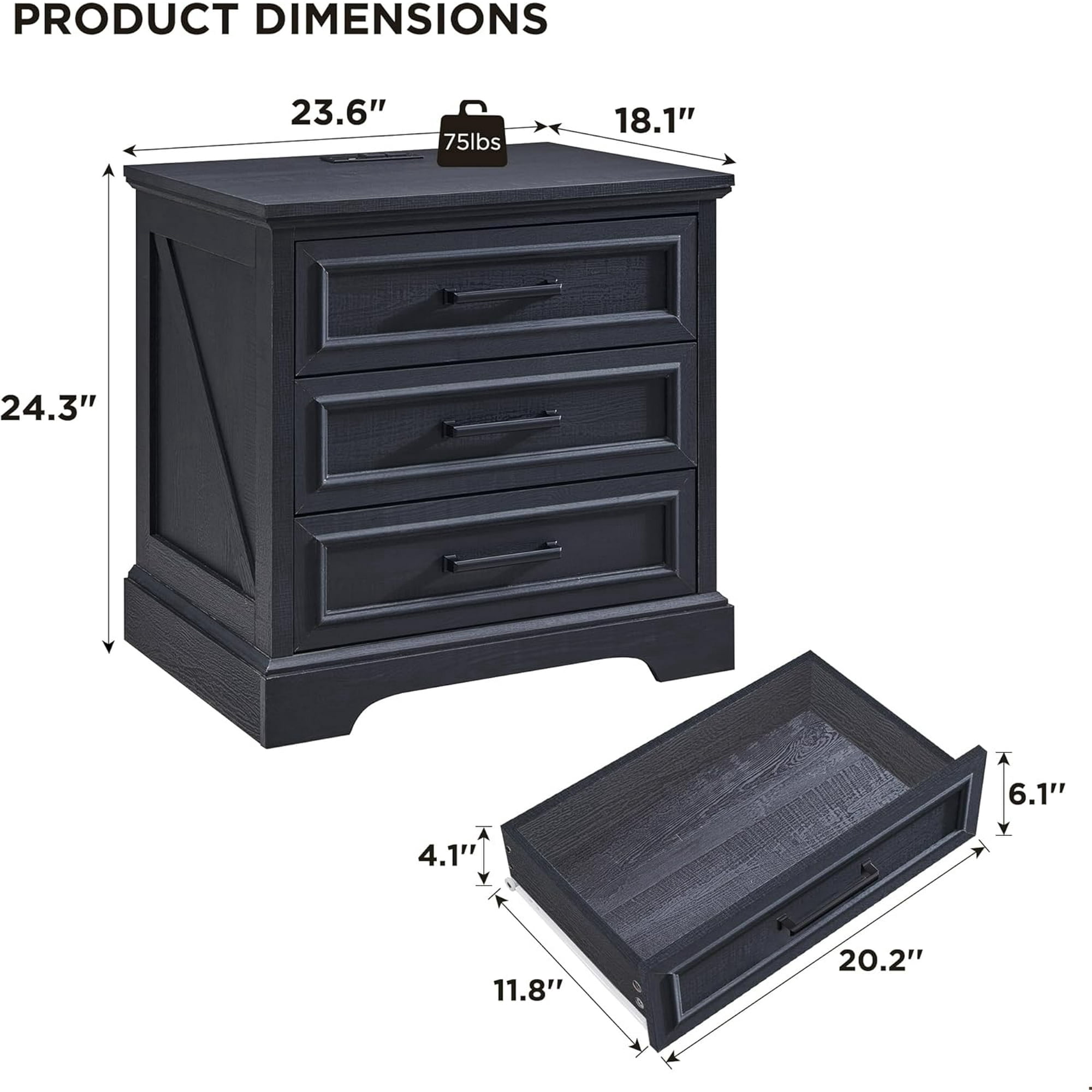 ACCOHOHO 3 Drawer Nightstand Set of 2 with Charging Station - Farmhouse End Tables, Rustic Side Tables for Bedroom & Living Room, Black