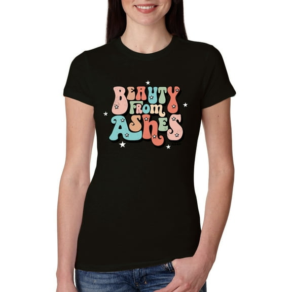 Wild Bobby Beauty From Ashes Groovy Font With Stars Vintage Women Slim Fit Junior Tee, Black, Small