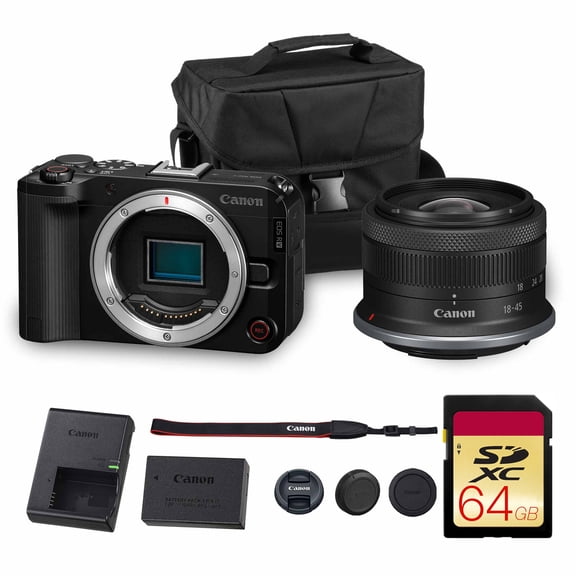 Canon EOS R50 V Mirrorless Camera | 24.2MP APS-C Sensor 4K Oversampled Video | Compact Beginner-Friendly Camera for Vlogging and Travel (6895C002)   Canon RF-S 18-45mm Lens    Bag   64GB Card