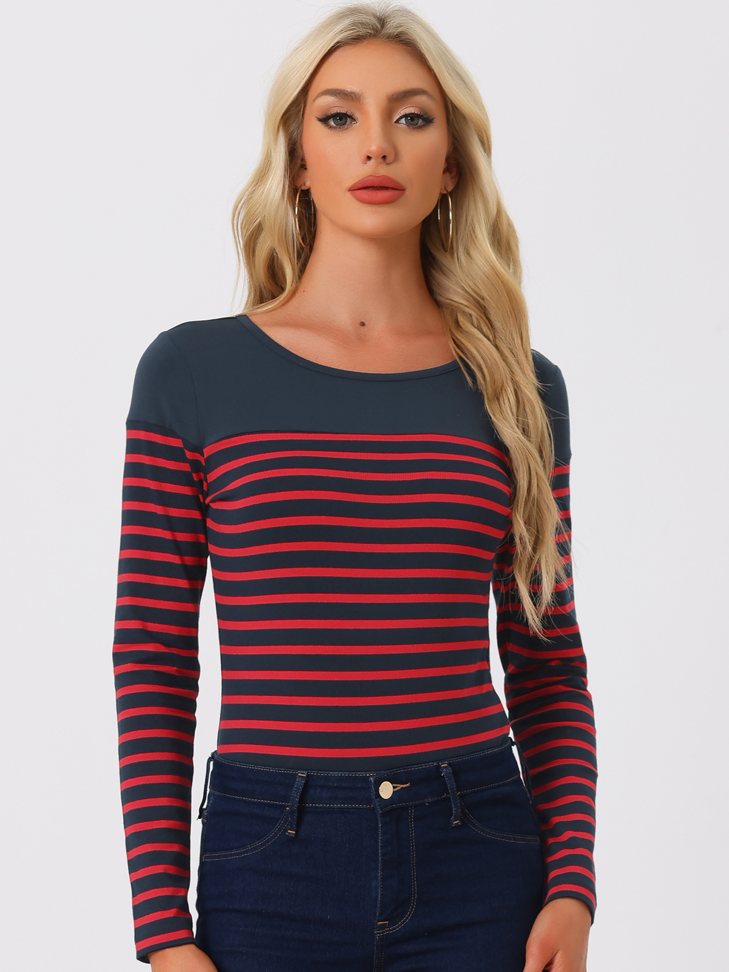 DARING DIVA Women's Color Block Striped Knit Top Long Sleeves T-Shirt M Navy Blue Red