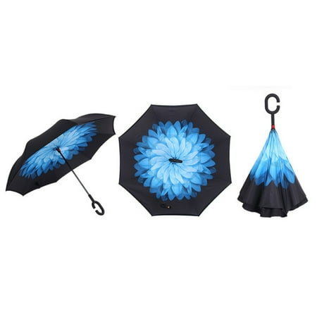 Self Inverted Folding Stand Umbrella Windproof Double Layer Upside Down