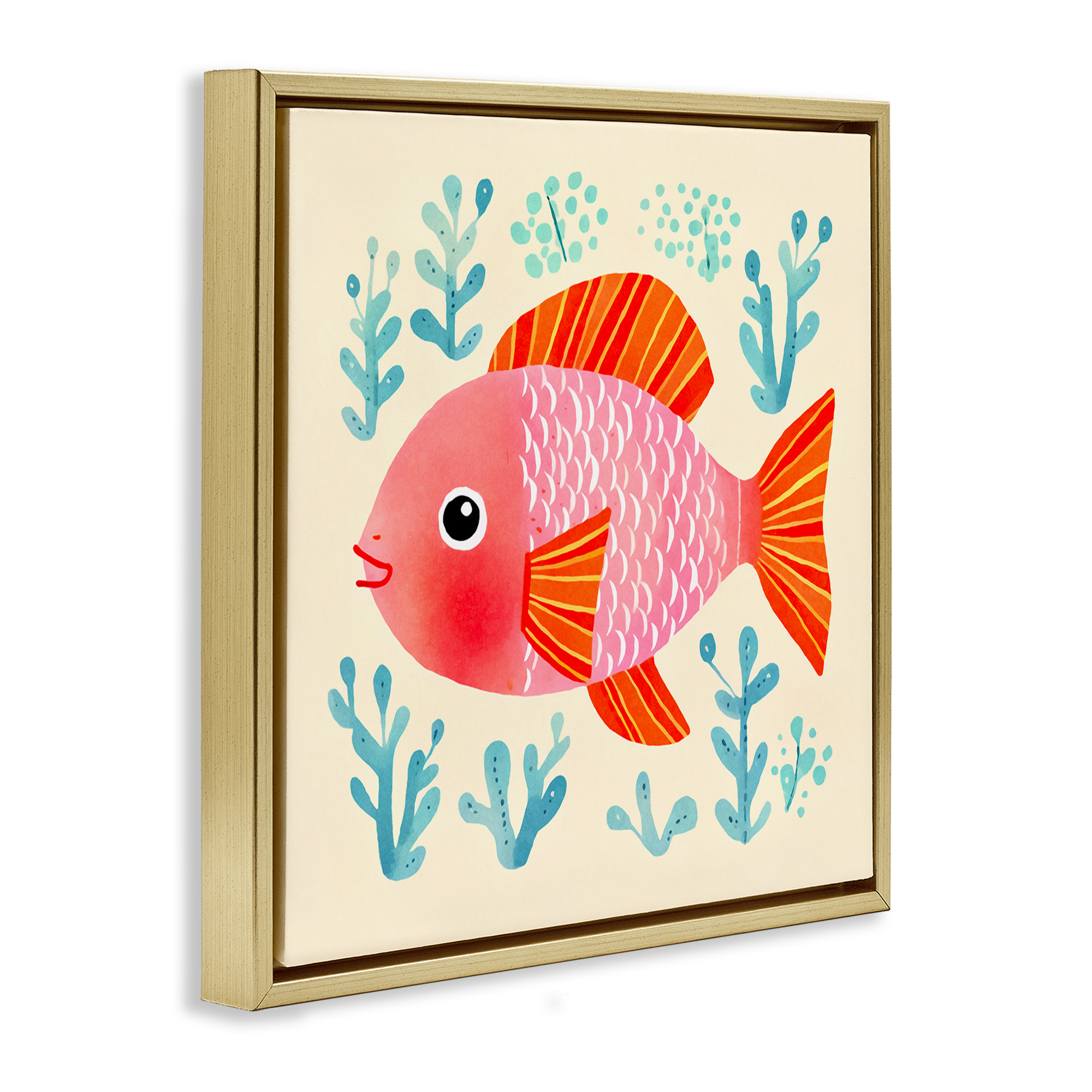 Stupell Industries Happy Fish & Seaweed Sprigs Animals Painting Gold Floater Framed Canvas Art Print Wall Art, 18 x 18