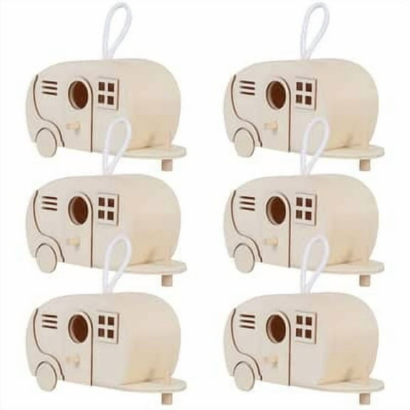 Wood Camper Birdhouse by Make Market – Unfinished Hanging Camper Design for DIY Crafts & Indoor Decor - 8" - 6 Pack