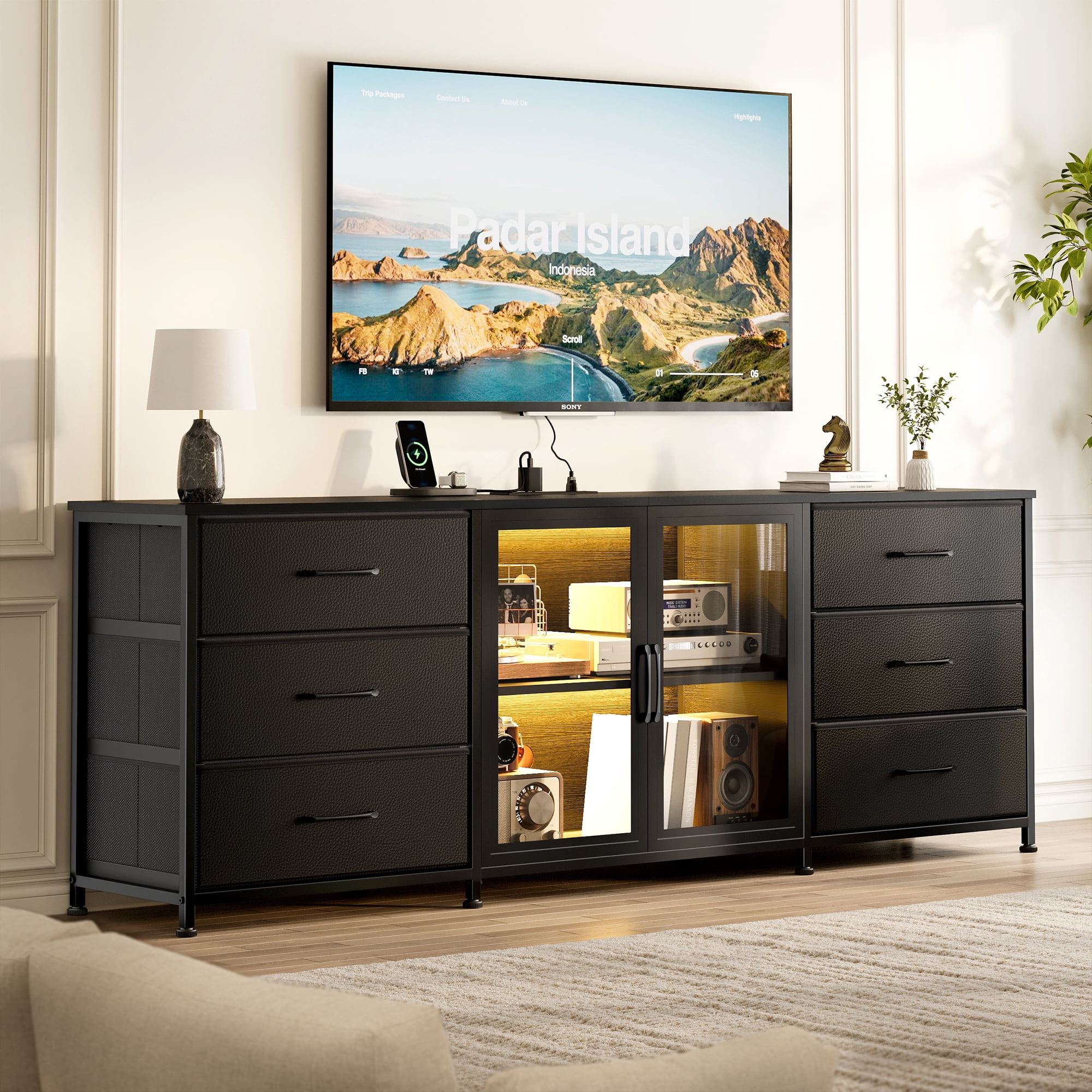 GUNAITO TV Stand for TVs up to 75", Entertainment Center with 6 Fabric Drawers and LED Lights, Big TV Stand with Media Console Storage Cabinet for Living Room, Black