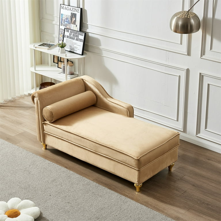 Chaise Lounge Chair with Storage Upholstered Velvet Sleeper Lounge Sofa Recliner Chair Rolled Arm Storage Ottoman Bench with Gold Metal Legs for Living Room Bedroom Apartment khaki Walmart