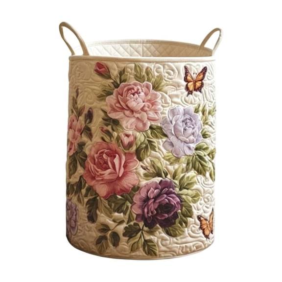 Miwamany Quilted Laundry Hamper, Vintage Rose Butterfly Floral Round Storage Basket with Handles, Collapsible Bin for Dirty Clothes Toys Nursery Room