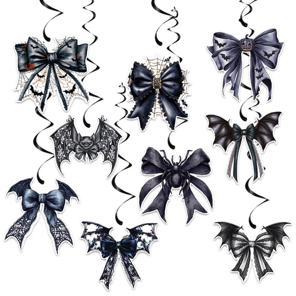 Halloween Party Decorations/Summerween Decorations/Bats Halloween Decor/Butterfly Gothic Bow Decor, 9 Pieces Black Butterfly Hanging Swirls with Bat Wings, Spider Web, Pumpkin Design