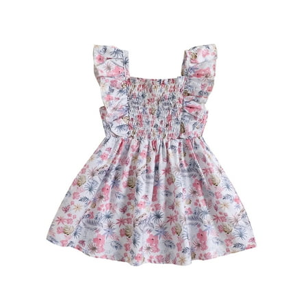 

Wassery Infant Baby Kids Girls Dress 9M 12M 18M 24M 2T 3T 4T Toddle Girl Summer A-line Dress Fly Sleeve Square Neck Flower/Leaves Print Dress