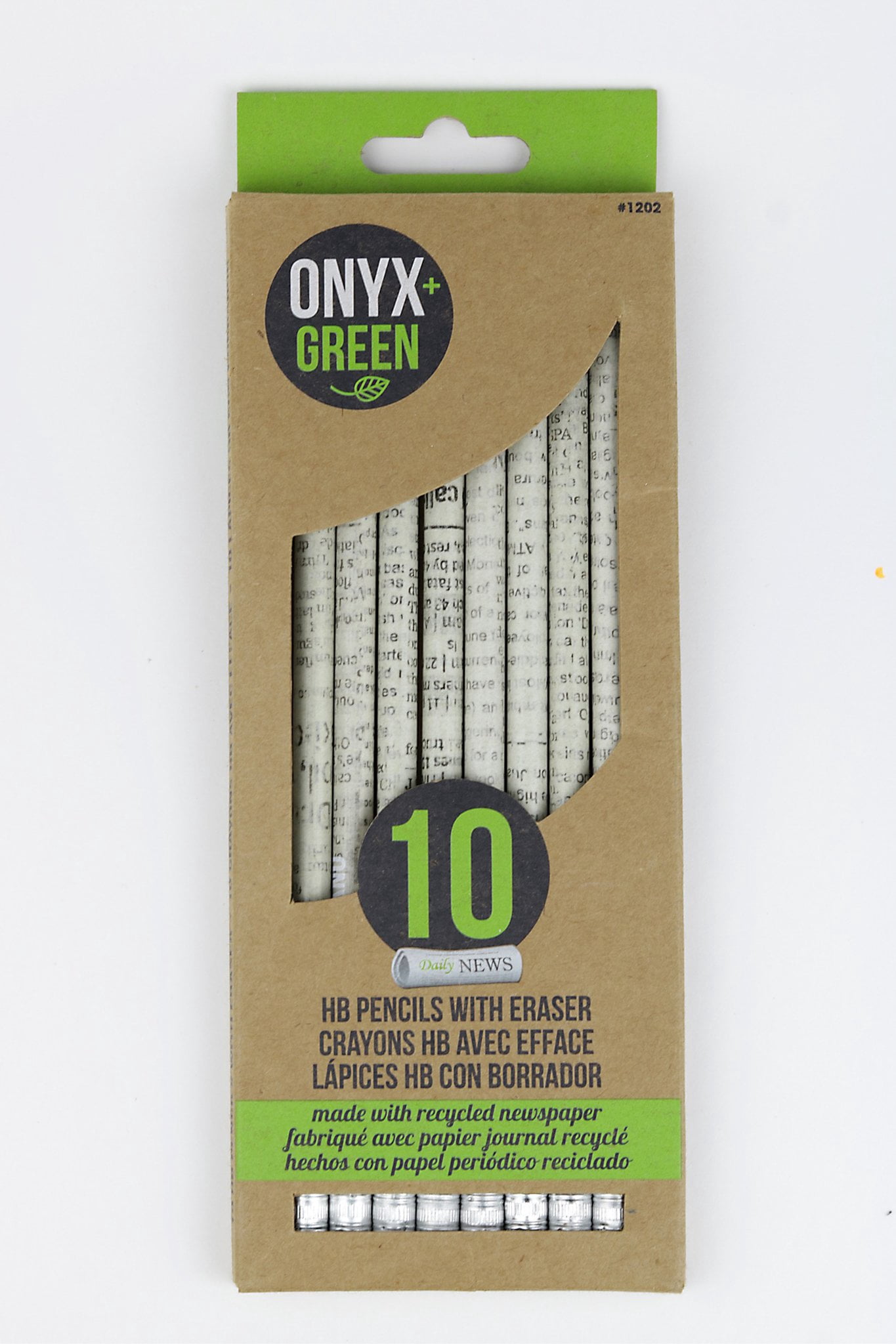 onyx and green recycled newspaper pencils with white erasers, hb #2, 10 pack (1202)