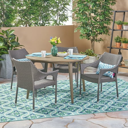 Lindsey Outdoor 5 Piece Wood and Wicker Dining Set Gray
