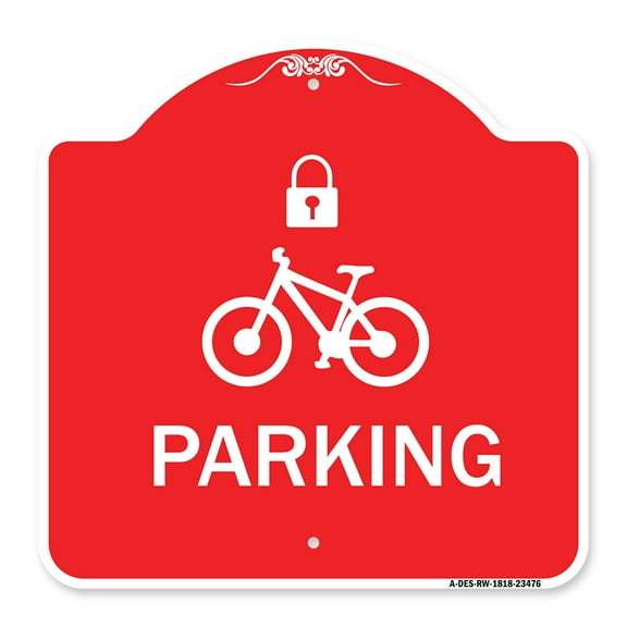 SignMission A-DES-RW-1818-23476 18 x 18 in. Designer Series Sign - Parking with Cycle & Lock Symbol, Red & White