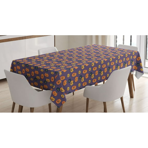 Halloween Tablecloth, Spooky Pumpkins Funny Evil Harvest Day of the Dead Celebration Layout, Rectangle Satin Table Cover Accent for Dining Room and Kitchen, 60" X 90", Orange and Violet, by Ambesonne