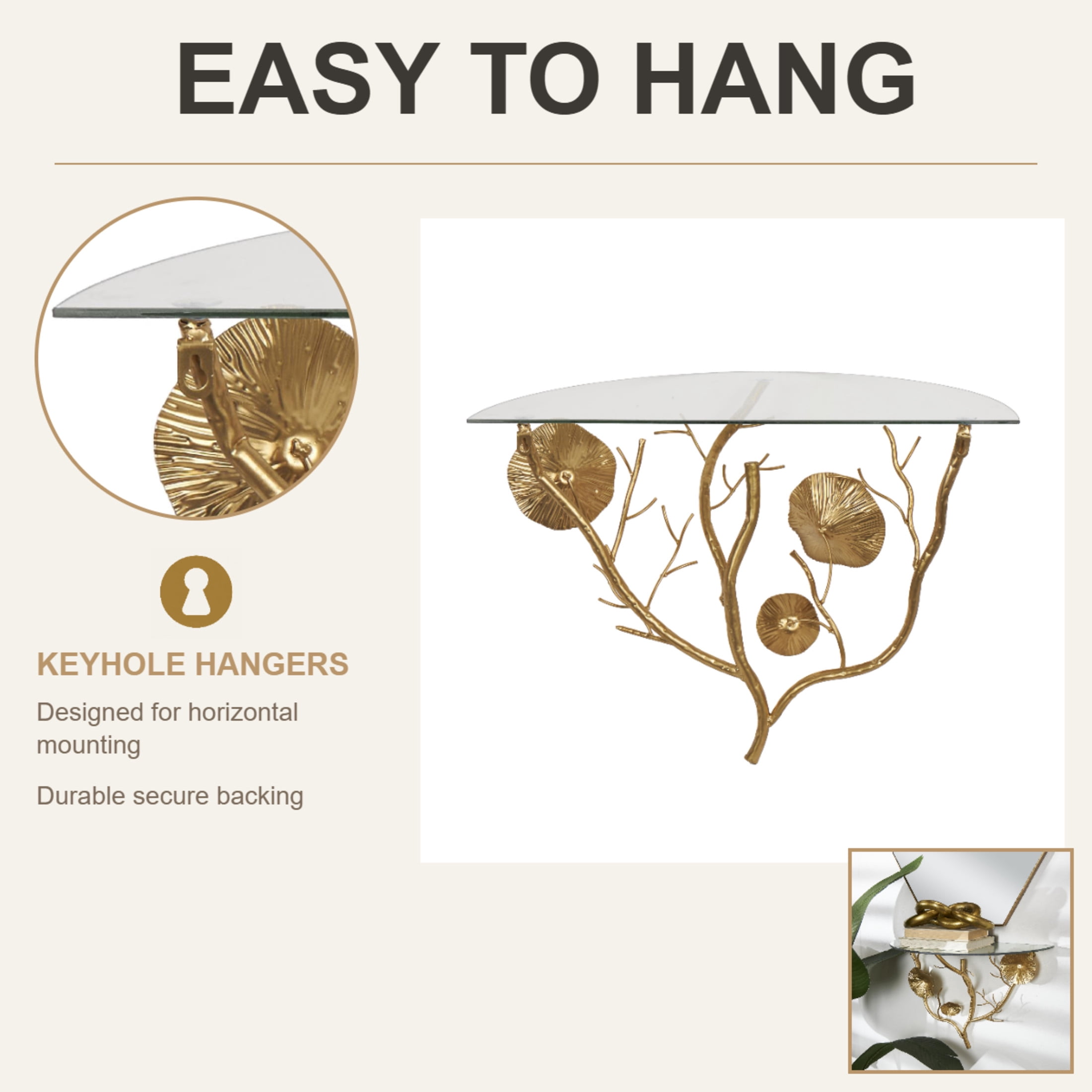 DecMode 24" x 12" Branch 1-Tier Gold Floral Wall Shelf with Tempered Glass Top